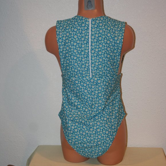 Wenly Zeng Large High Scoop Neck One Pc Swimsuit Back Zipper Blue Flowers Womens - Picture 10 of 13